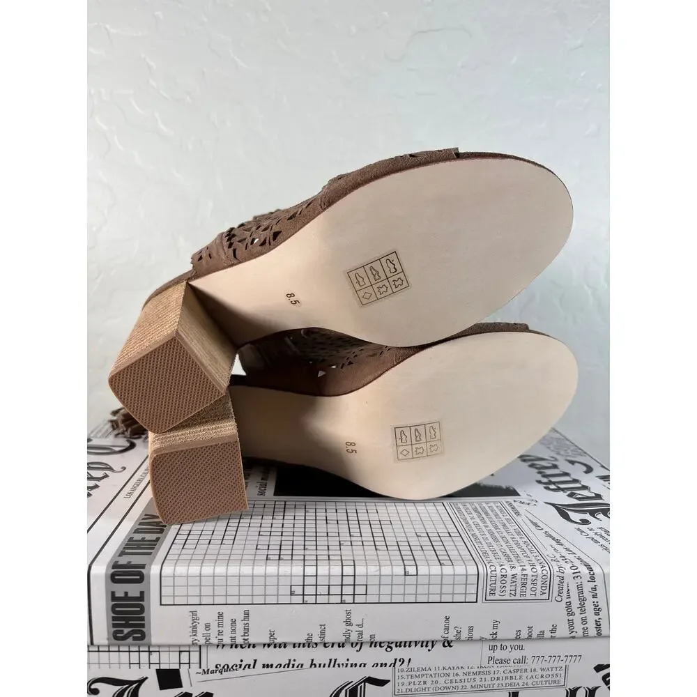 JEFFREY CAMPBELL Ottawa Taupe Suede Leather Shoes Block Heel Open Toe Bootie 8.5